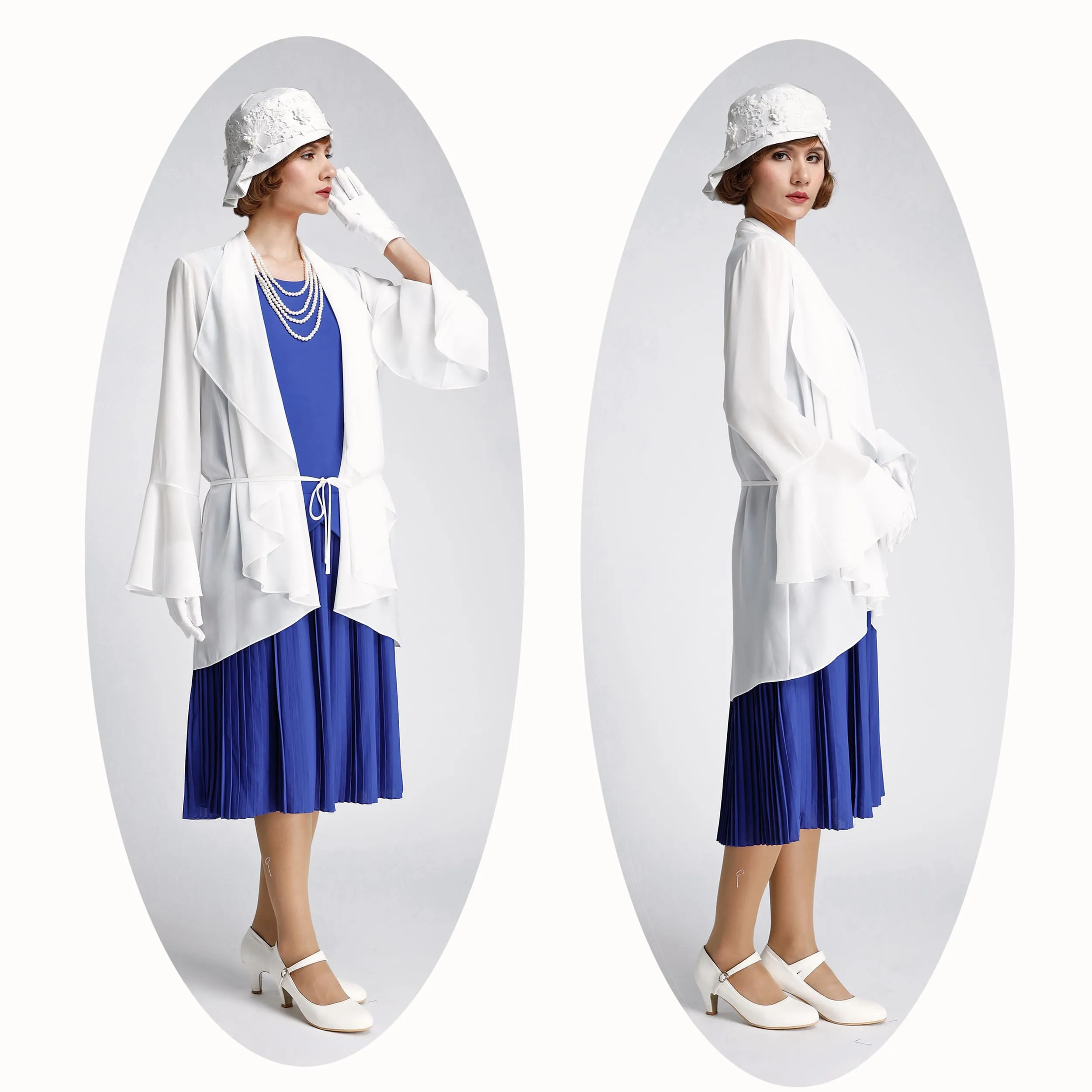 Off-white chiffon cardigan with cascade collar
