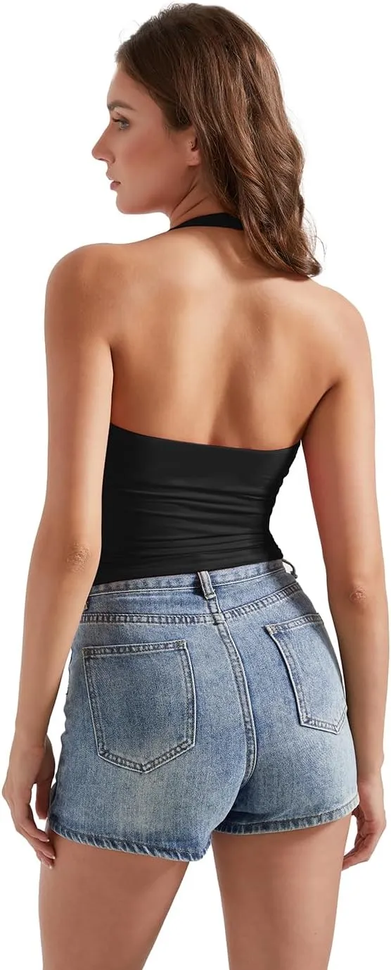 OMKAGI Womens Tank Tops Sexy Halter V Neck Going Out Tops Sleeveless Y2K Crop Top