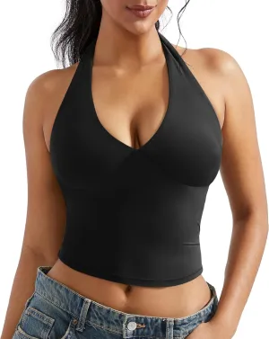 OMKAGI Womens Tank Tops Sexy Halter V Neck Going Out Tops Sleeveless Y2K Crop Top