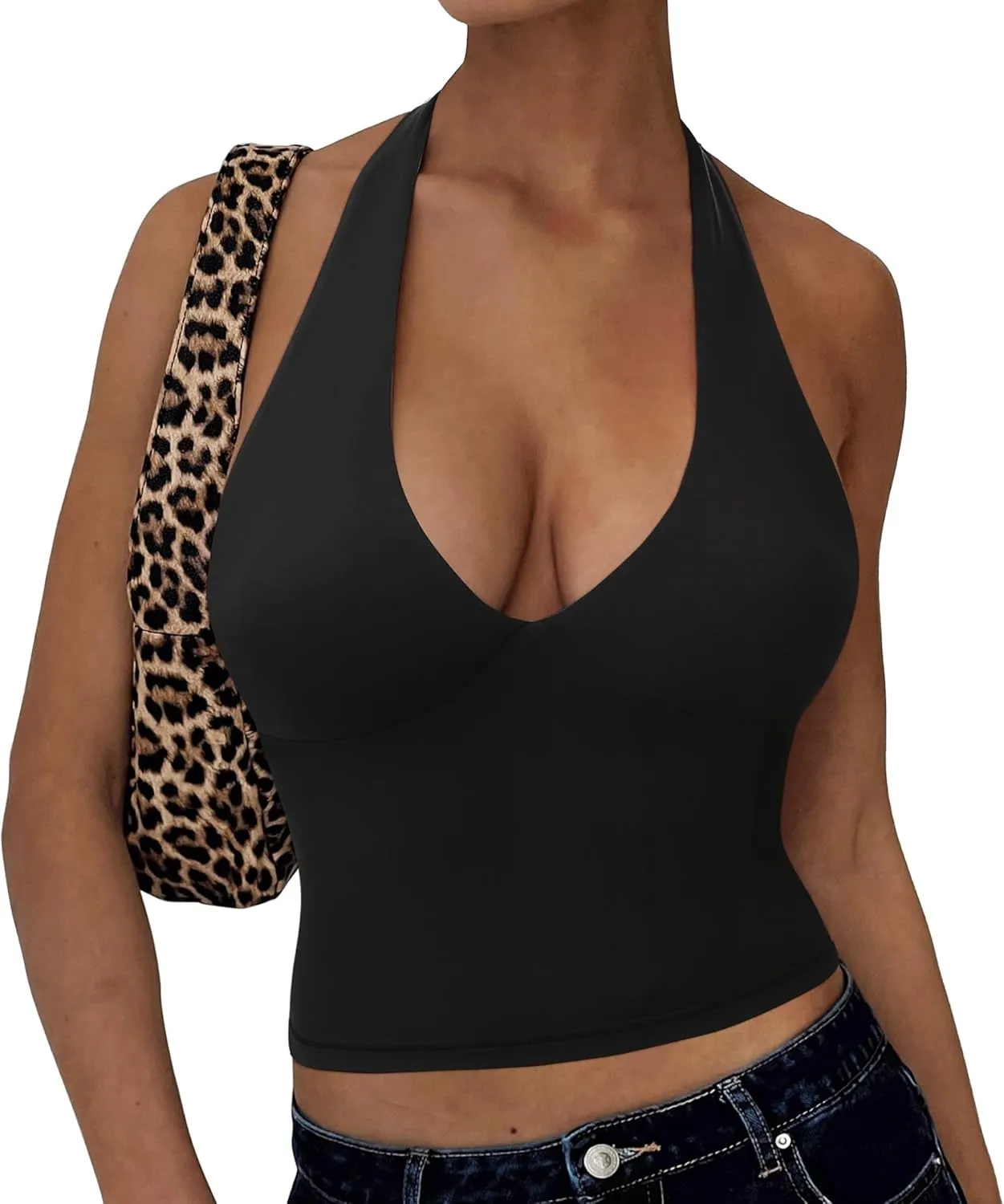 OMKAGI Womens Tank Tops Sexy Halter V Neck Going Out Tops Sleeveless Y2K Crop Top