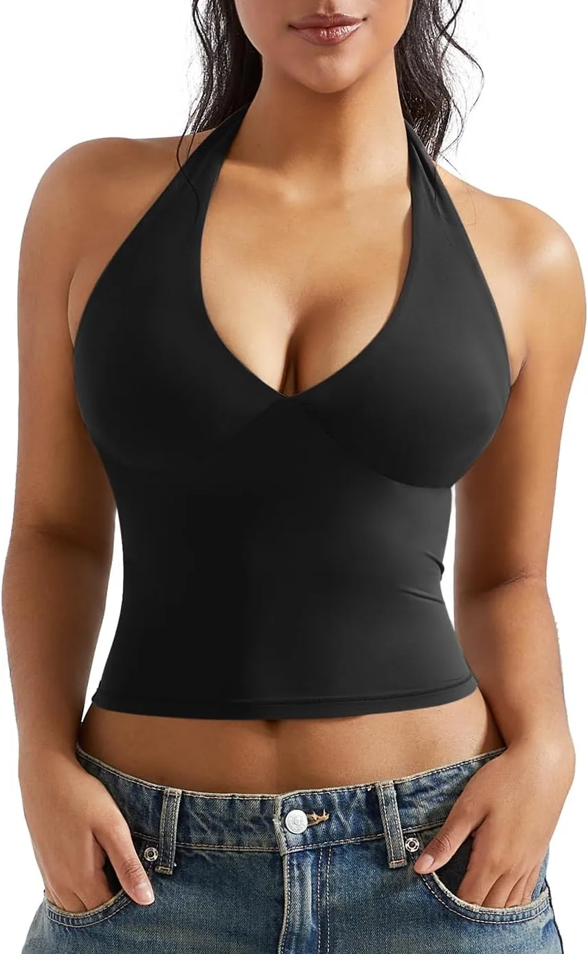 OMKAGI Womens Tank Tops Sexy Halter V Neck Going Out Tops Sleeveless Y2K Crop Top