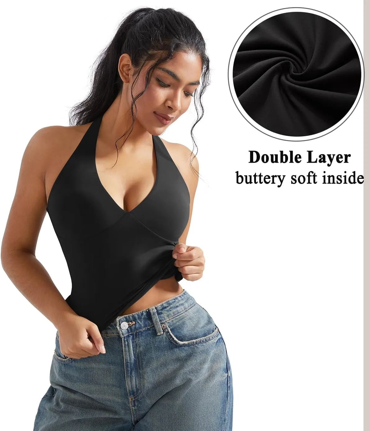 OMKAGI Womens Tank Tops Sexy Halter V Neck Going Out Tops Sleeveless Y2K Crop Top
