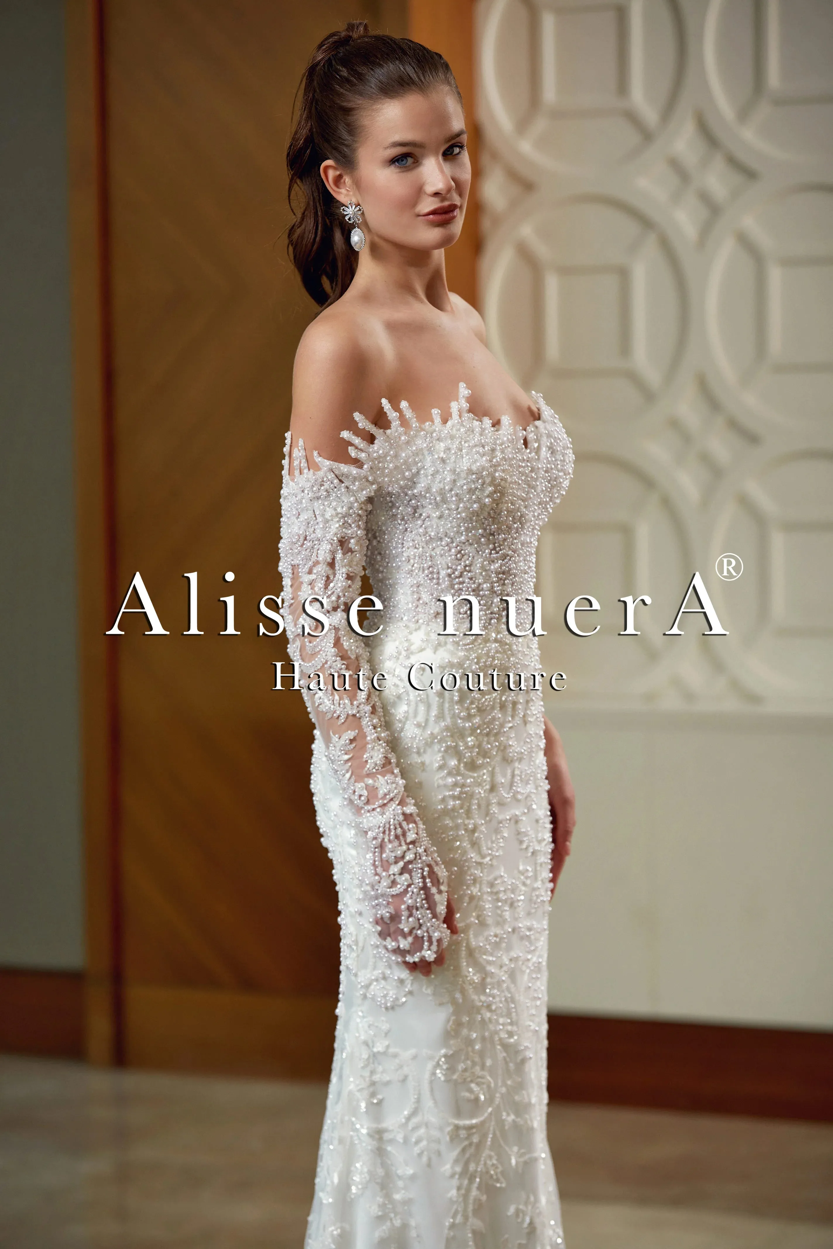 One Shoulder Long Sleeve Pearl Beaded Column Bridal Dress with Satin Overskirt