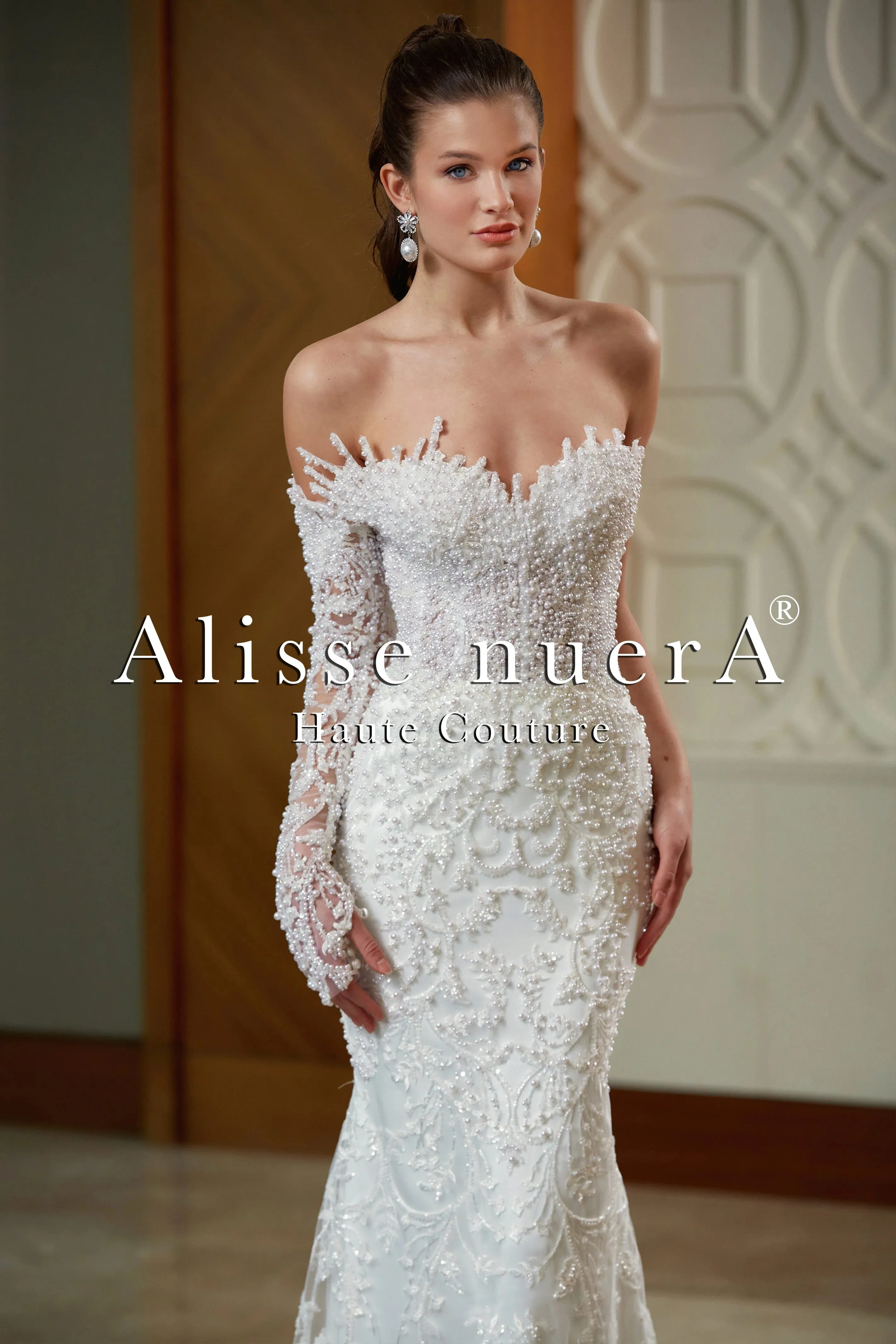 One Shoulder Long Sleeve Pearl Beaded Column Bridal Dress with Satin Overskirt