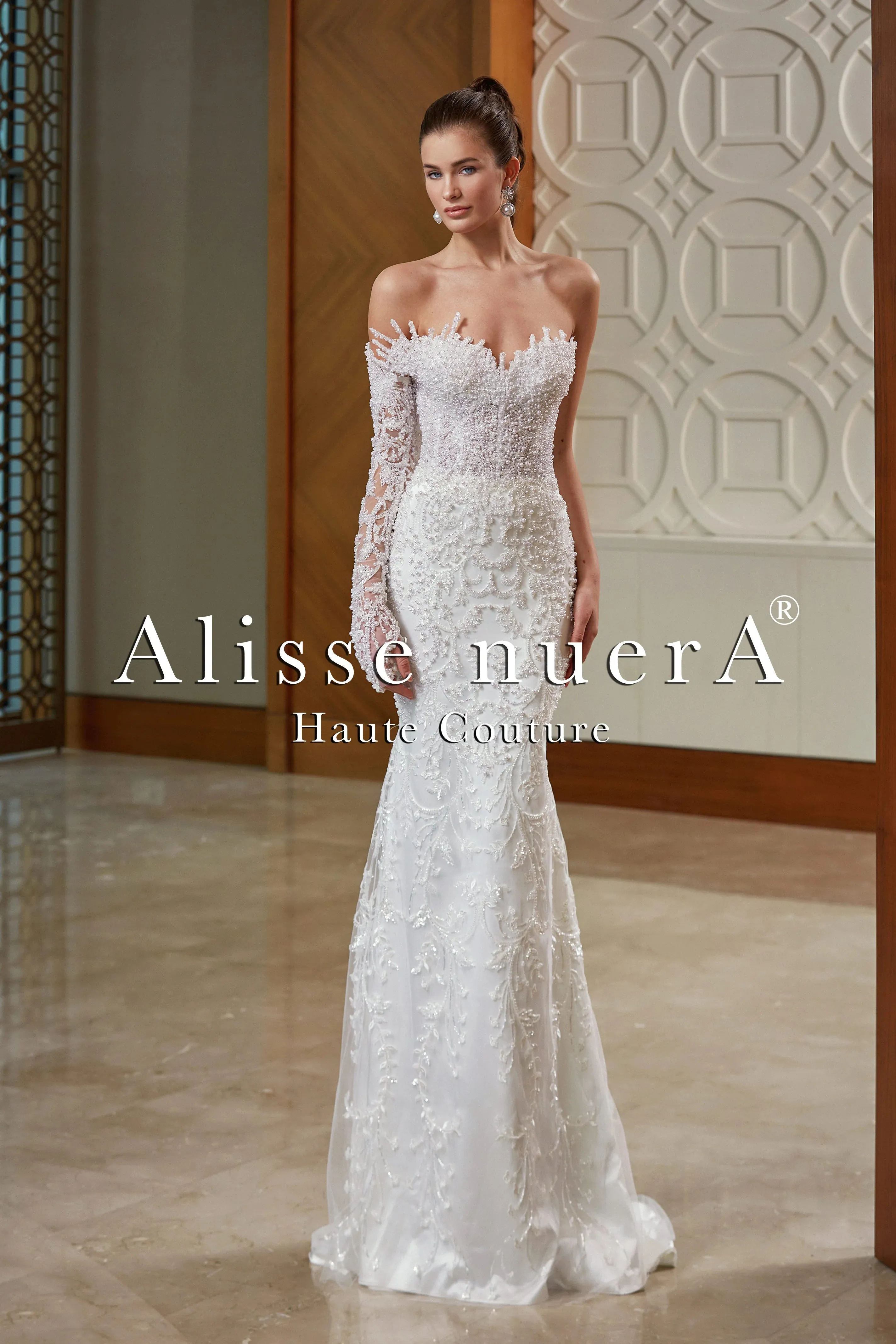 One Shoulder Long Sleeve Pearl Beaded Column Bridal Dress with Satin Overskirt