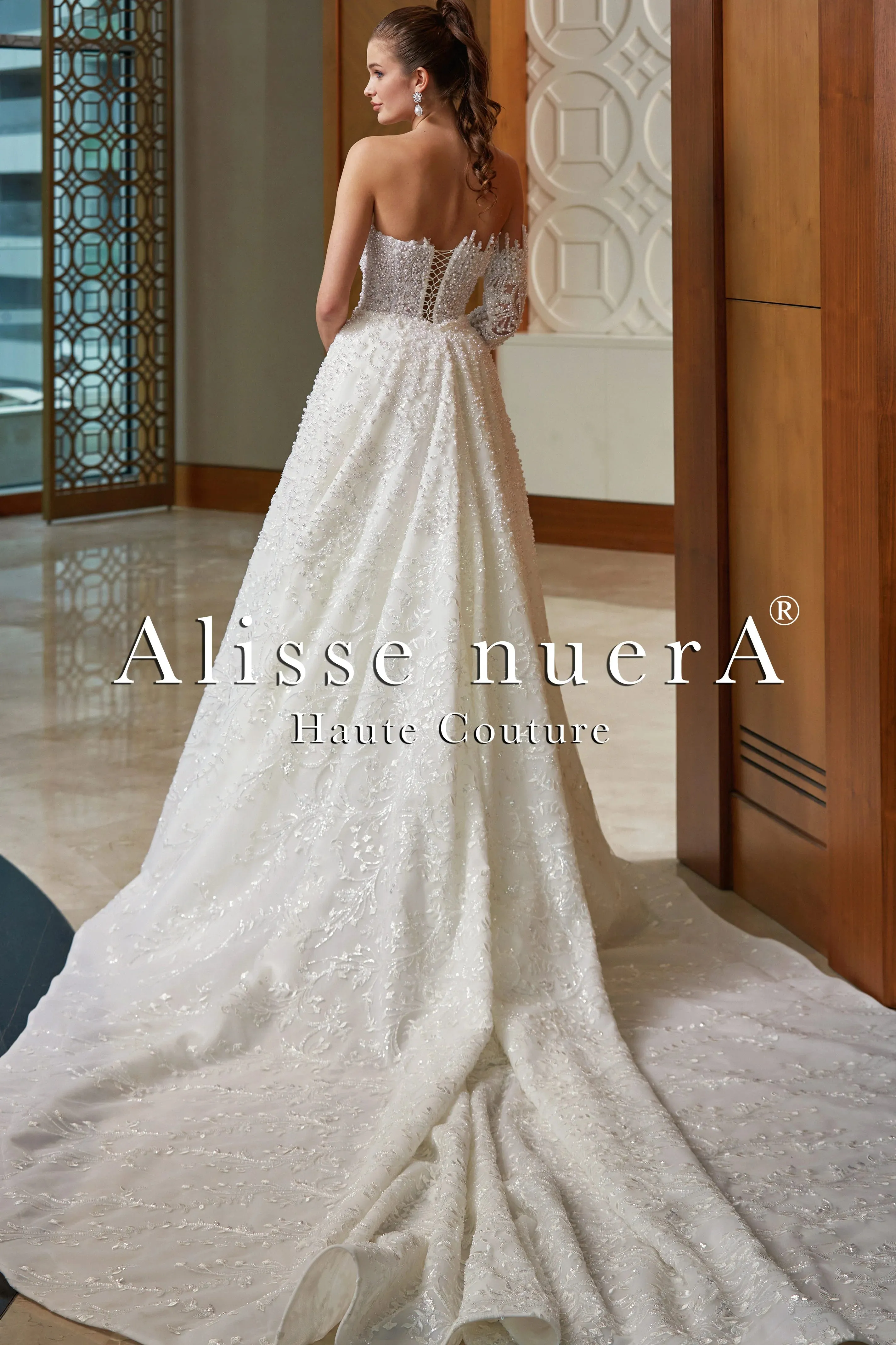One Shoulder Long Sleeve Pearl Beaded Column Bridal Dress with Satin Overskirt