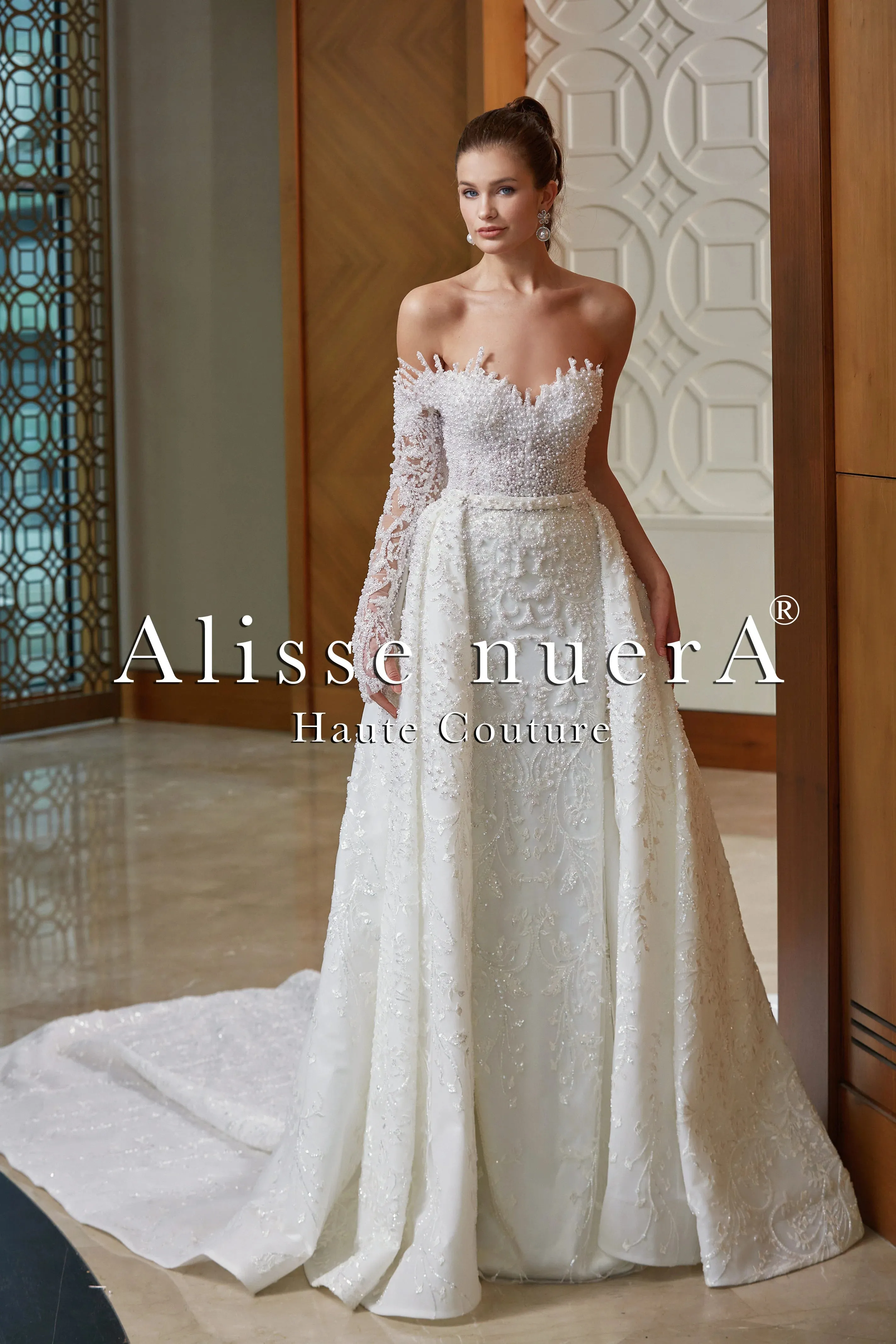 One Shoulder Long Sleeve Pearl Beaded Column Bridal Dress with Satin Overskirt