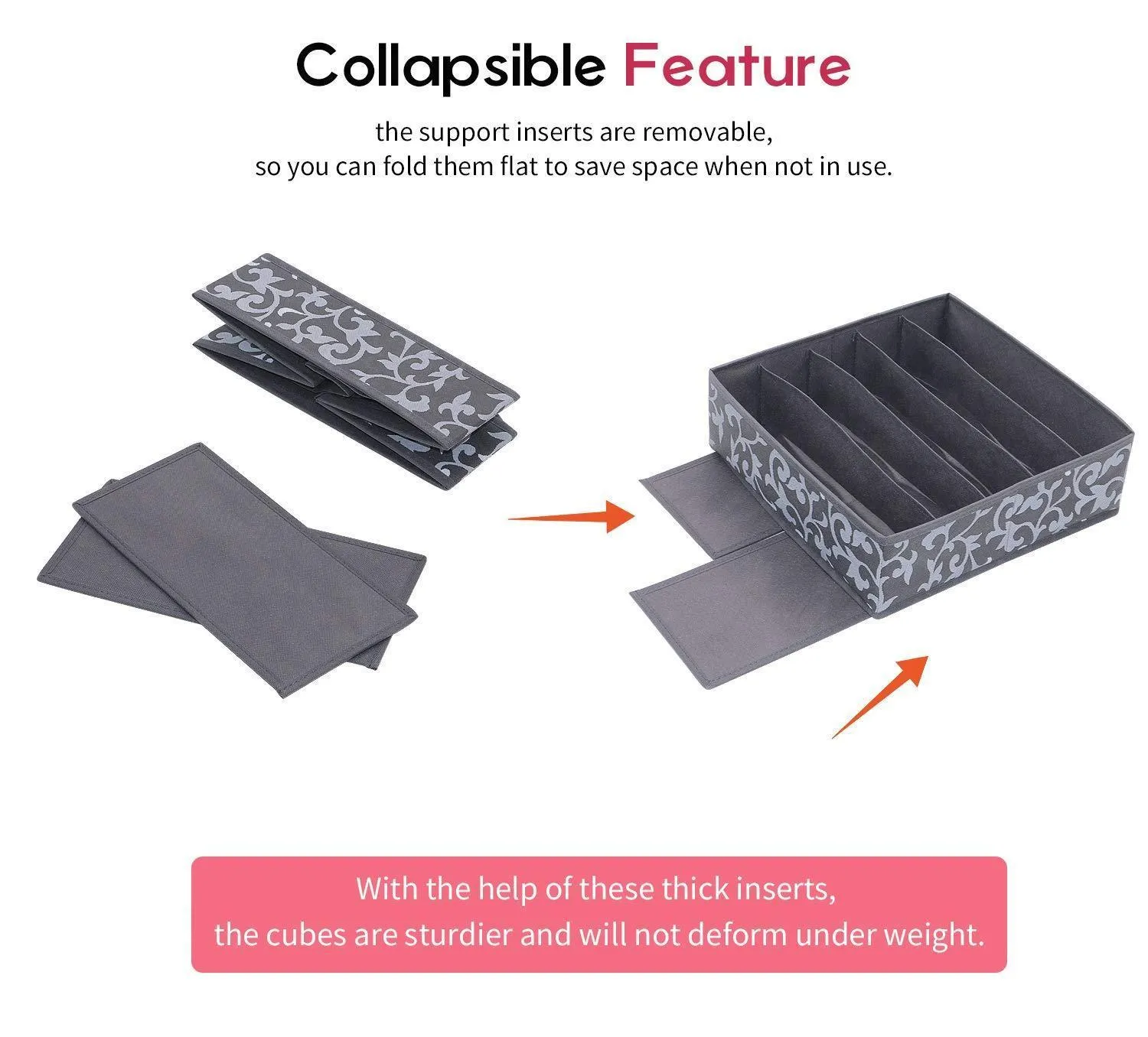 Onlyeasy Set of 4 Closet Underwear Organizer Drawer Dividers, Foldable Cloth Storage Boxes, for Bras, Socks, Underwears, Briefs, Ties, Scarves, Grey Classic, MNCLSS4P