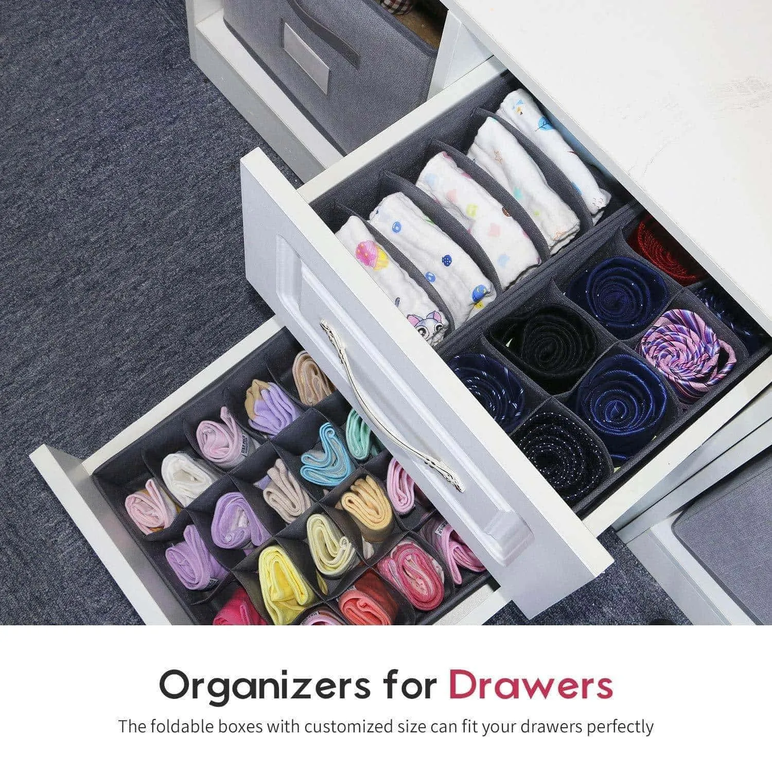 Onlyeasy Set of 4 Closet Underwear Organizer Drawer Dividers, Foldable Cloth Storage Boxes, for Bras, Socks, Underwears, Briefs, Ties, Scarves, Grey Classic, MNCLSS4P