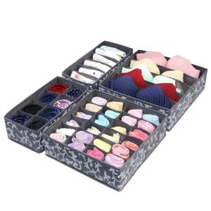 Onlyeasy Set of 4 Closet Underwear Organizer Drawer Dividers, Foldable Cloth Storage Boxes, for Bras, Socks, Underwears, Briefs, Ties, Scarves, Grey Classic, MNCLSS4P