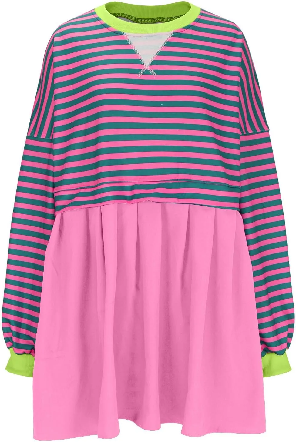 Oversized Sweatshirt Dress Womens Fall Fashion 2024 Long Sleeve Crewneck Patchwork Pullover Tops Pleated Mini Dress