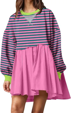 Oversized Sweatshirt Dress Womens Fall Fashion 2024 Long Sleeve Crewneck Patchwork Pullover Tops Pleated Mini Dress