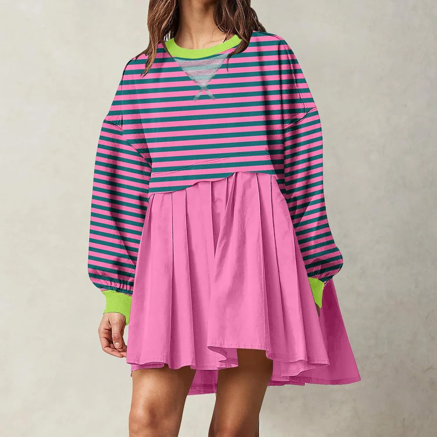 Oversized Sweatshirt Dress Womens Fall Fashion 2024 Long Sleeve Crewneck Patchwork Pullover Tops Pleated Mini Dress