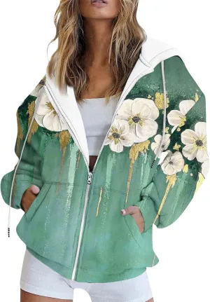 Oversized Sweatshirt For Women,Womens Casual Print Zip Up Hoodie Trendy Long Sleeve Sweatshirt With Pockets