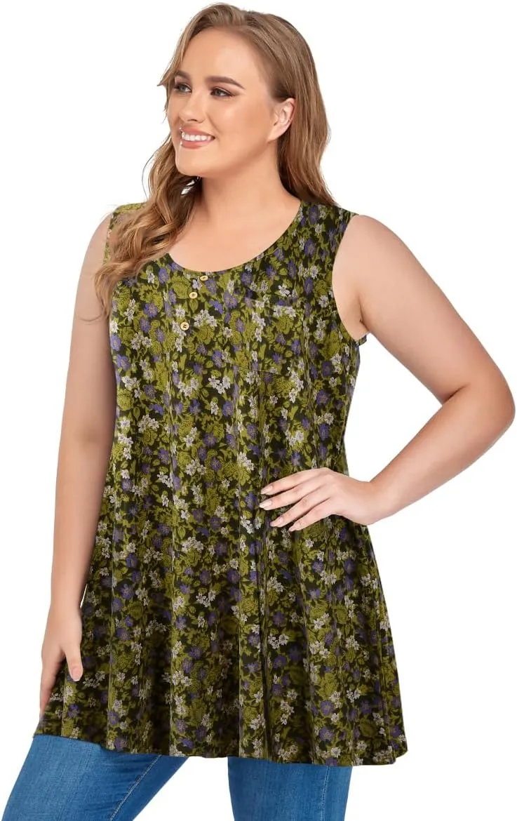 OVERWORETY Women's Plus Size Tank Tops Casual Loose Swing Sleeveless Tunic T-Shirts with Pocket