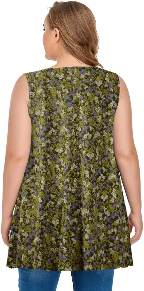 OVERWORETY Women's Plus Size Tank Tops Casual Loose Swing Sleeveless Tunic T-Shirts with Pocket