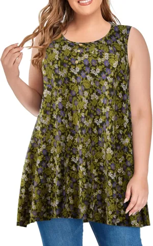 OVERWORETY Women's Plus Size Tank Tops Casual Loose Swing Sleeveless Tunic T-Shirts with Pocket