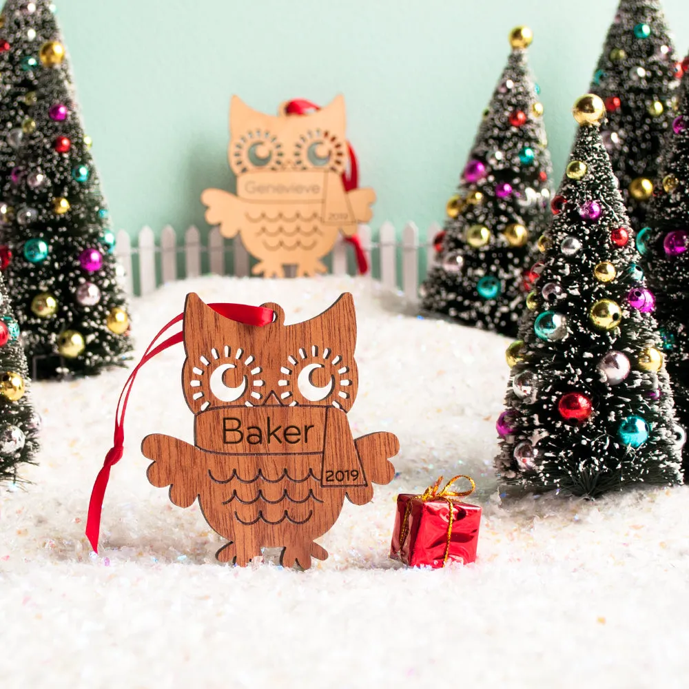 Owl Wooden Christmas Ornament - Personalized