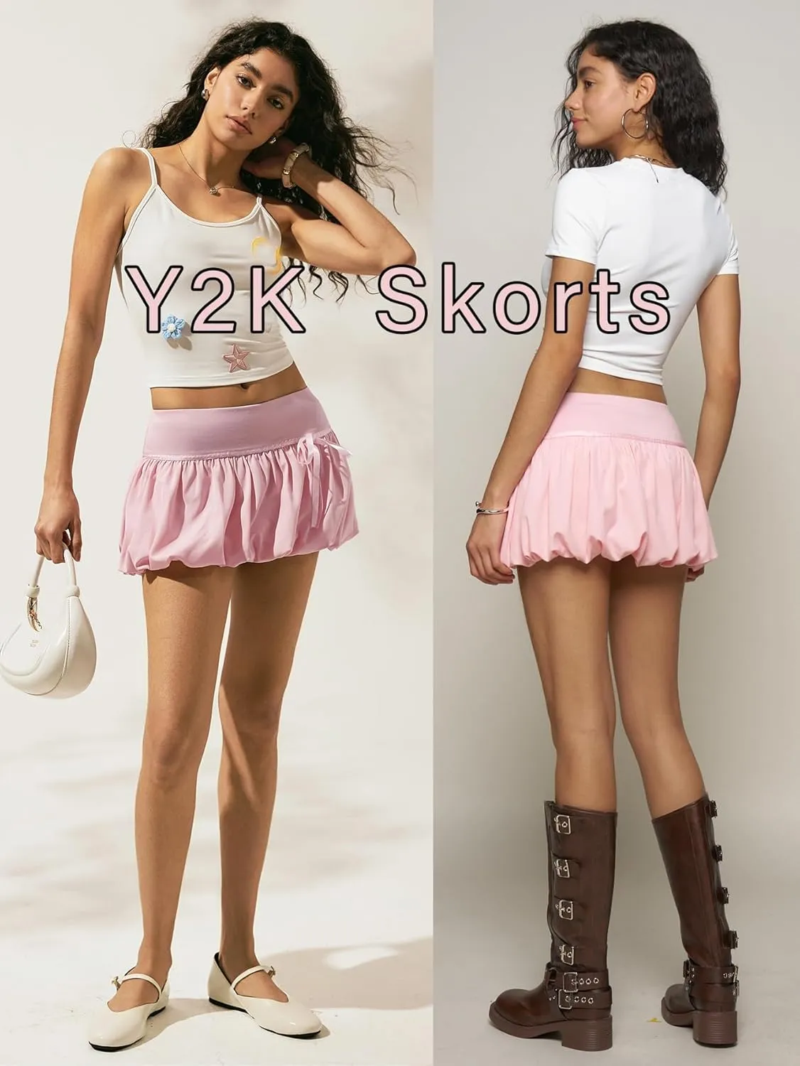 OYOANGLE Women's Cute Drop Waist Bow Bubble Skirt Y2K Ruched Ruffle Puffy Skorts