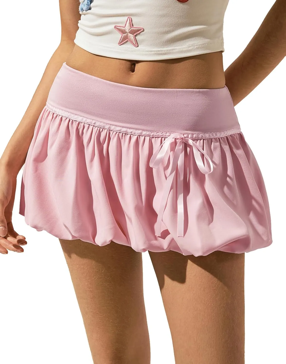 OYOANGLE Women's Cute Drop Waist Bow Bubble Skirt Y2K Ruched Ruffle Puffy Skorts