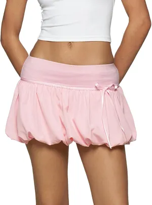 OYOANGLE Women's Cute Drop Waist Bow Bubble Skirt Y2K Ruched Ruffle Puffy Skorts