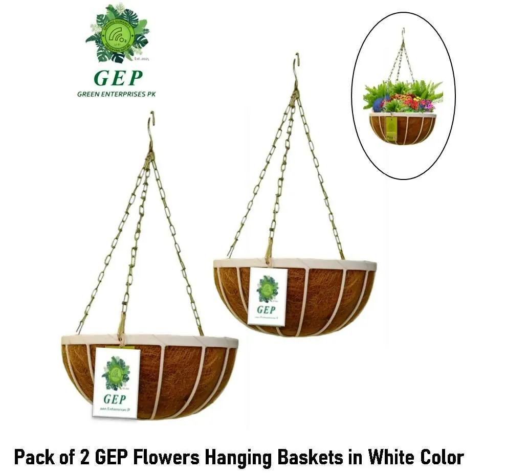 Pack Of 2 GEP White Garden Hanging Basket 12″ Coco coir with metal frame Indoor/Outdoor Garden Décor