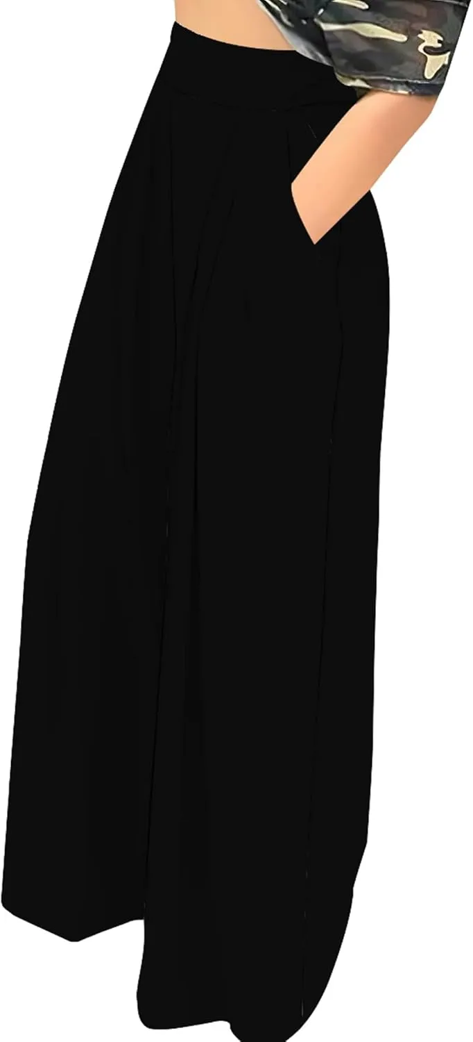 Palazzo Pants for Women Dressy High Waisted Wide Leg Pants Stretchy Loose Fit Casual Trousers with Pocket