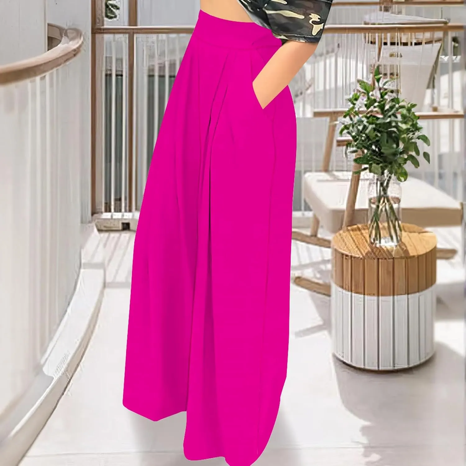 Palazzo Pants for Women Dressy High Waisted Wide Leg Pants Stretchy Loose Fit Casual Trousers with Pocket