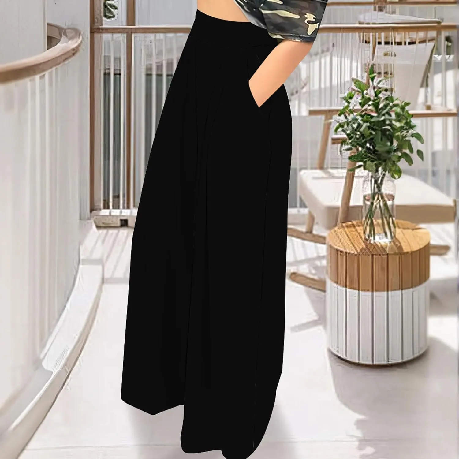 Palazzo Pants for Women Dressy High Waisted Wide Leg Pants Stretchy Loose Fit Casual Trousers with Pocket