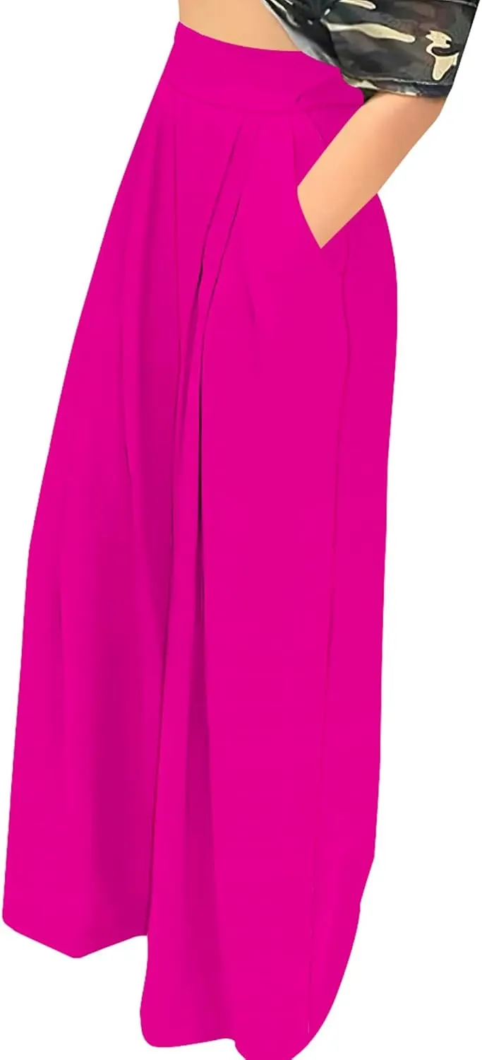 Palazzo Pants for Women Dressy High Waisted Wide Leg Pants Stretchy Loose Fit Casual Trousers with Pocket