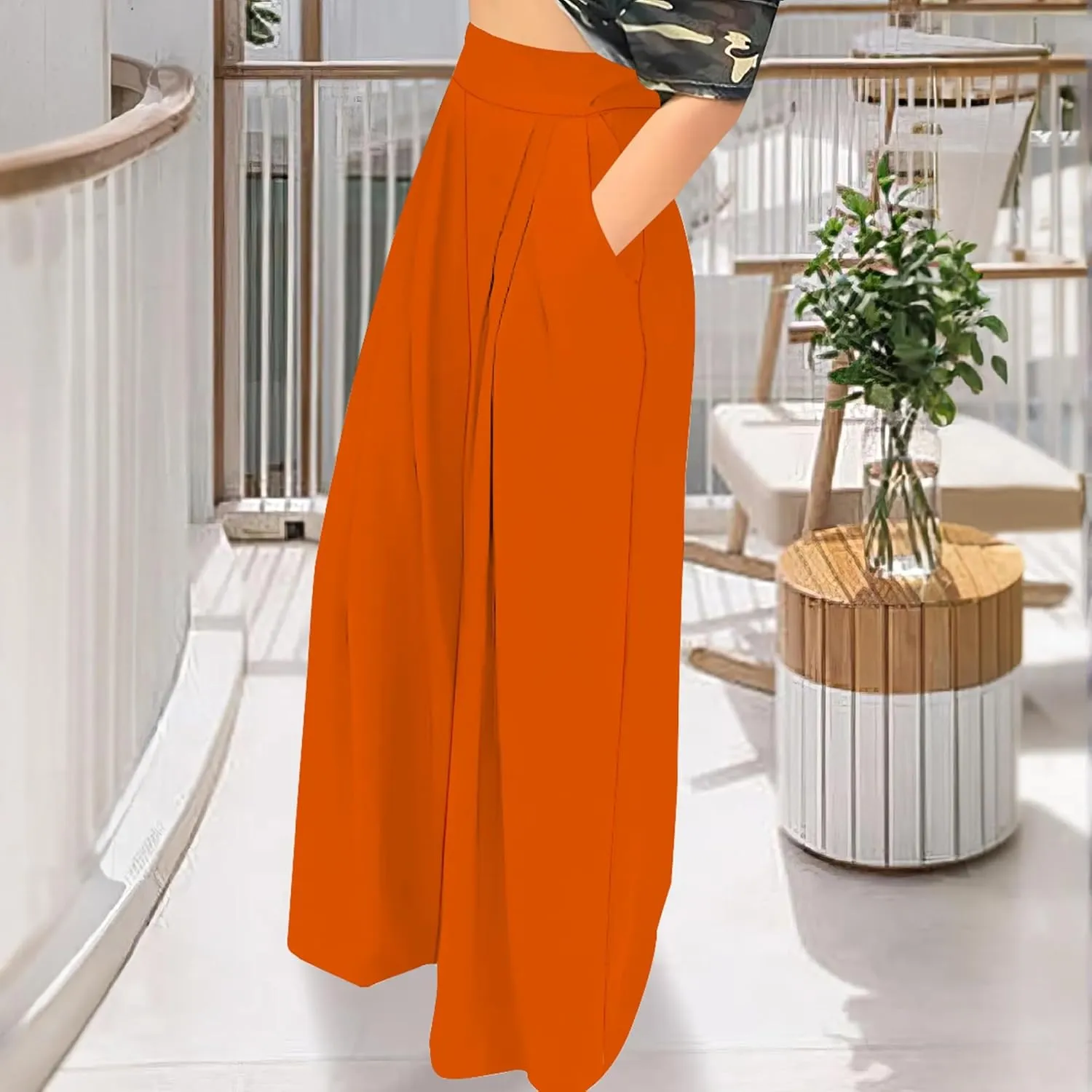 Palazzo Pants for Women Dressy High Waisted Wide Leg Pants Stretchy Loose Fit Casual Trousers with Pocket