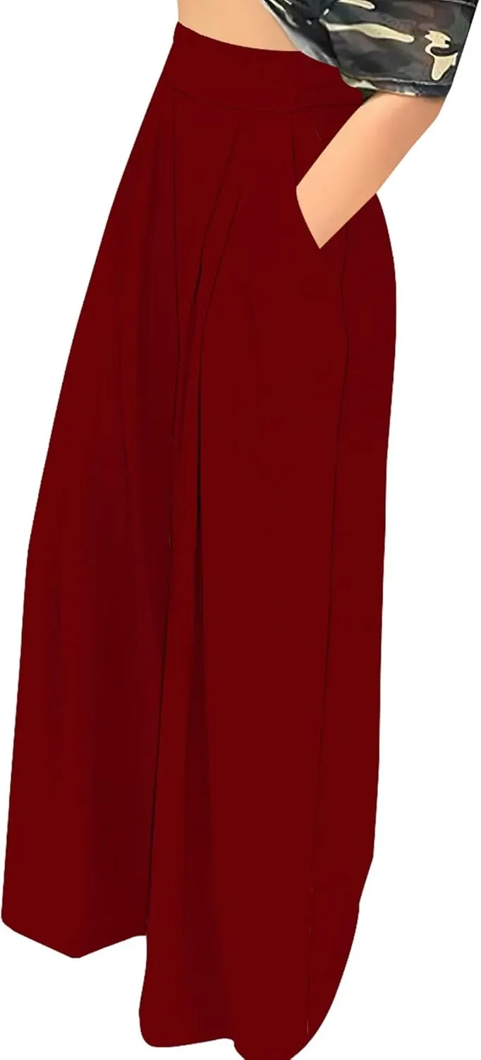 Palazzo Pants for Women Dressy High Waisted Wide Leg Pants Stretchy Loose Fit Casual Trousers with Pocket