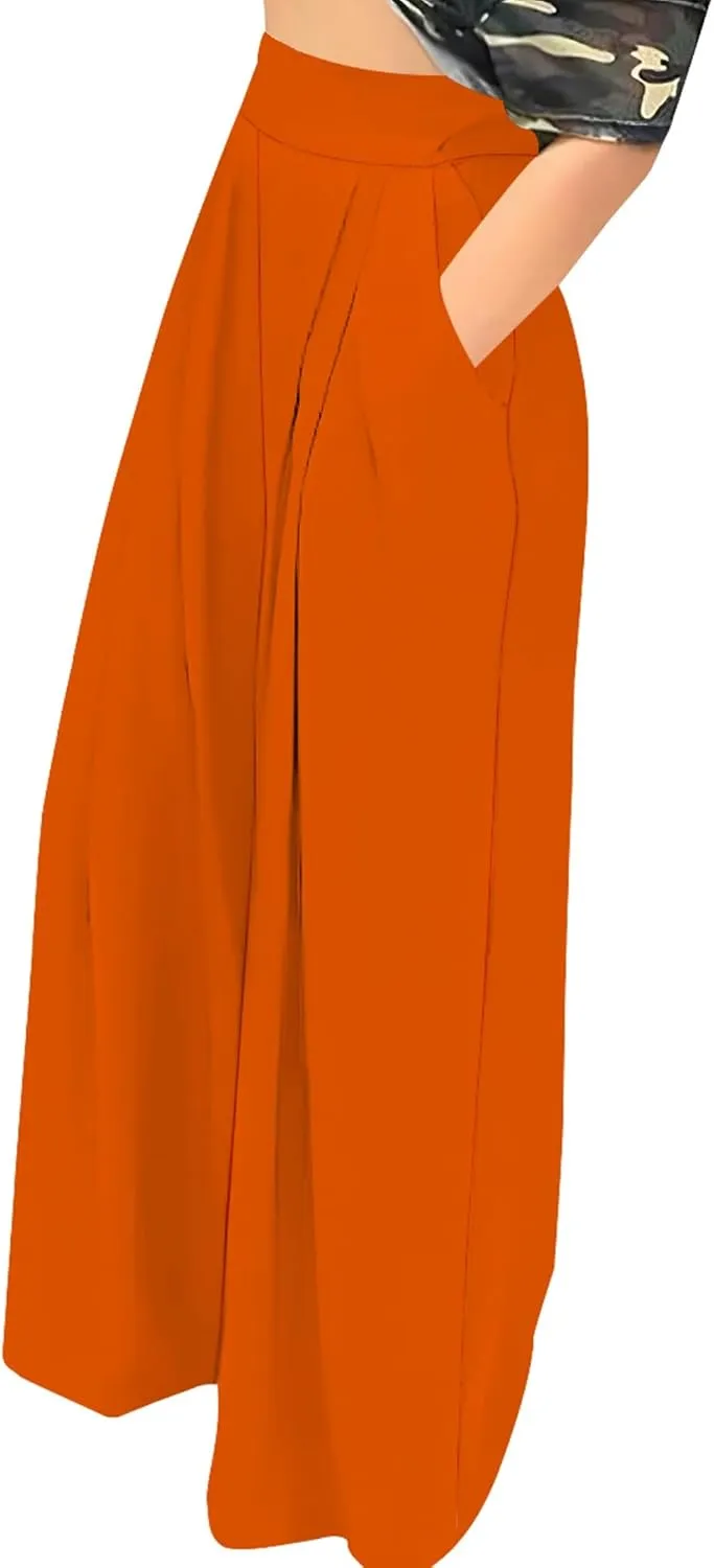 Palazzo Pants for Women Dressy High Waisted Wide Leg Pants Stretchy Loose Fit Casual Trousers with Pocket