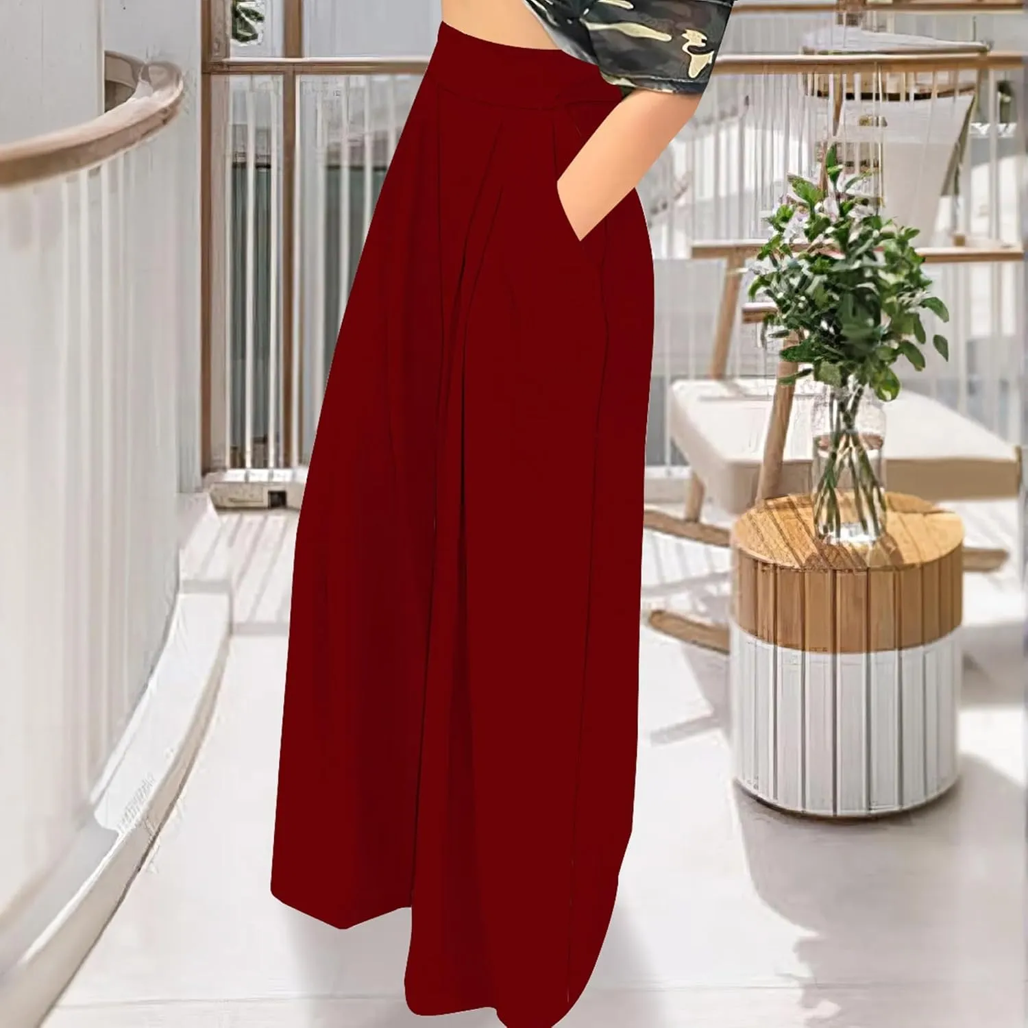 Palazzo Pants for Women Dressy High Waisted Wide Leg Pants Stretchy Loose Fit Casual Trousers with Pocket