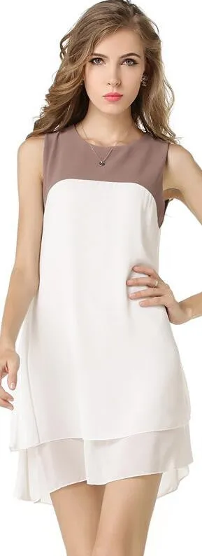 Patchwork Sleeveless Double Layers Chiffon Short Dress