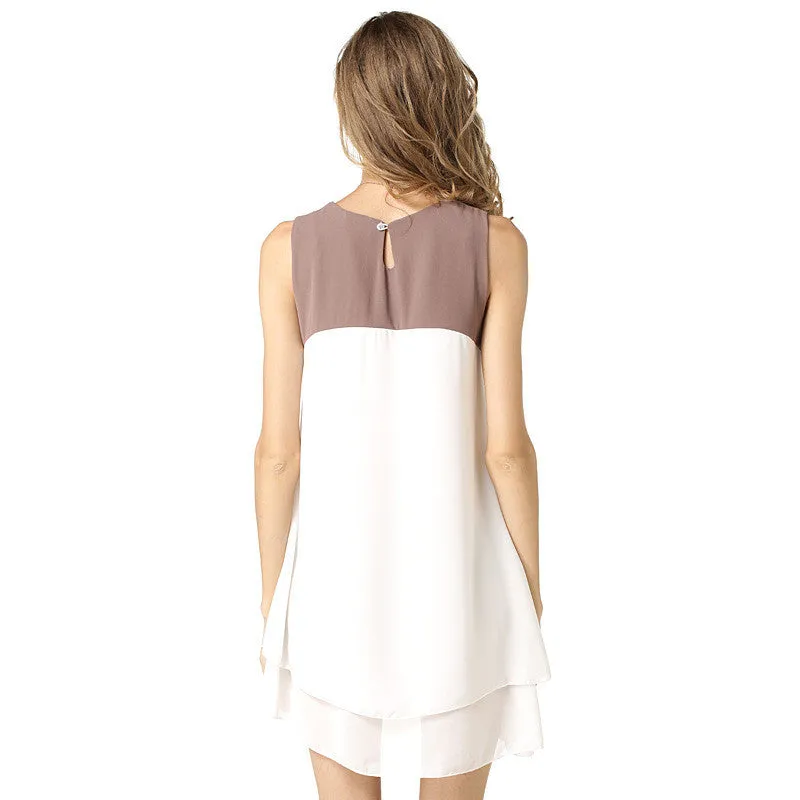 Patchwork Sleeveless Double Layers Chiffon Short Dress