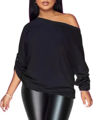 PESION Womens Off The Shoulder Tops Sexy Shiny Metallic Shirts Long Sleeves Fashion Graphic T-shirts Blouses