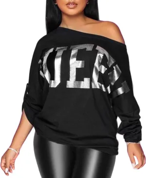 PESION Womens Off The Shoulder Tops Sexy Shiny Metallic Shirts Long Sleeves Fashion Graphic T-shirts Blouses