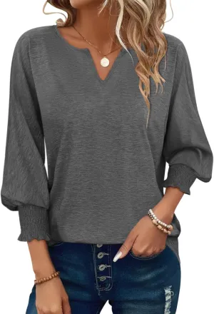 PGANDS Women's 3/4 Sleeve V Neck T Shirts Ruffle Sleeve Summer Casual Tops