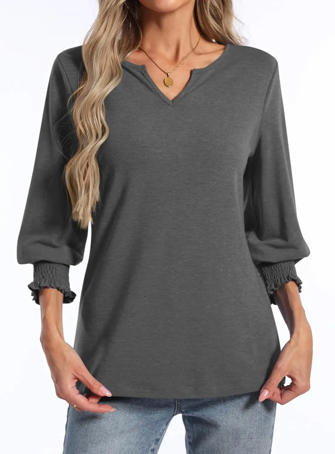 PGANDS Women's 3/4 Sleeve V Neck T Shirts Ruffle Sleeve Summer Casual Tops