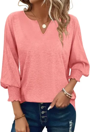PGANDS Women's 3/4 Sleeve V Neck T Shirts Ruffle Sleeve Summer Casual Tops