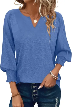 PGANDS Women's 3/4 Sleeve V Neck T Shirts Ruffle Sleeve Summer Casual Tops