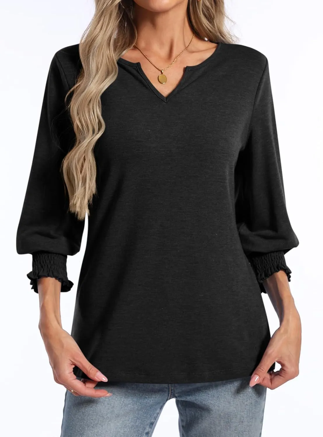 PGANDS Women's 3/4 Sleeve V Neck T Shirts Ruffle Sleeve Summer Casual Tops