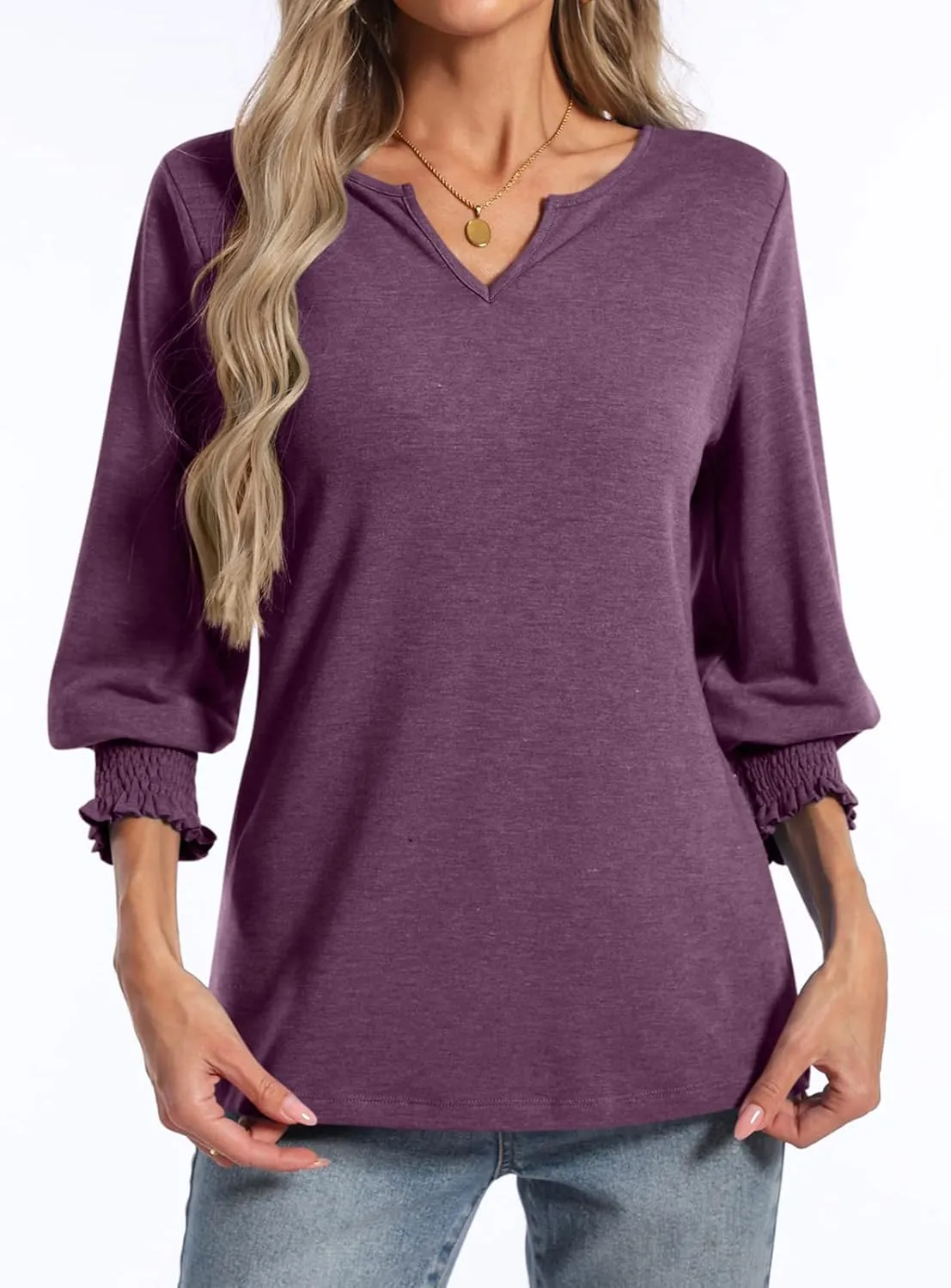 PGANDS Women's 3/4 Sleeve V Neck T Shirts Ruffle Sleeve Summer Casual Tops