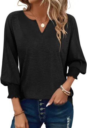 PGANDS Women's 3/4 Sleeve V Neck T Shirts Ruffle Sleeve Summer Casual Tops