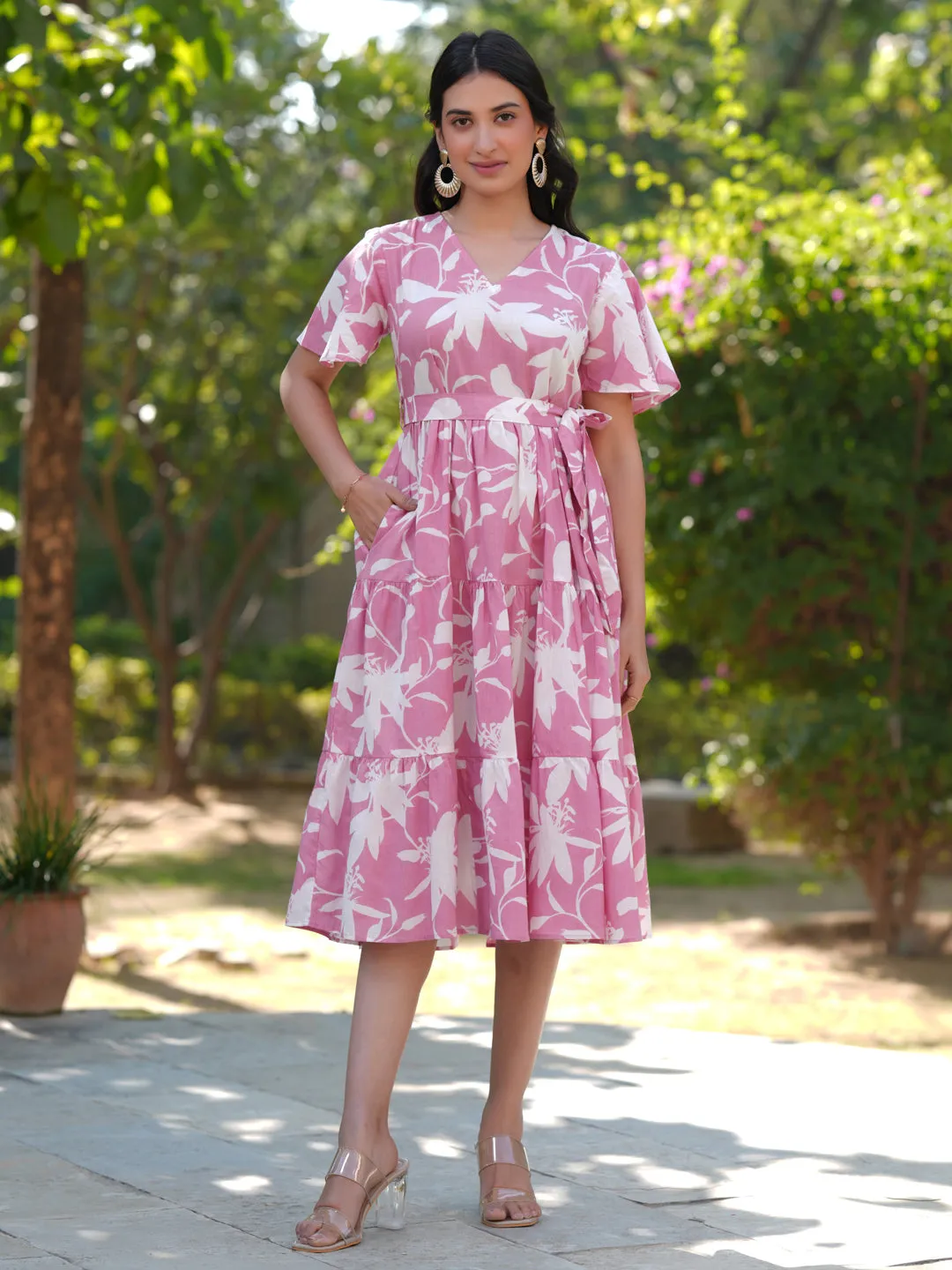 Pink Cotton Floral Tiered Dress