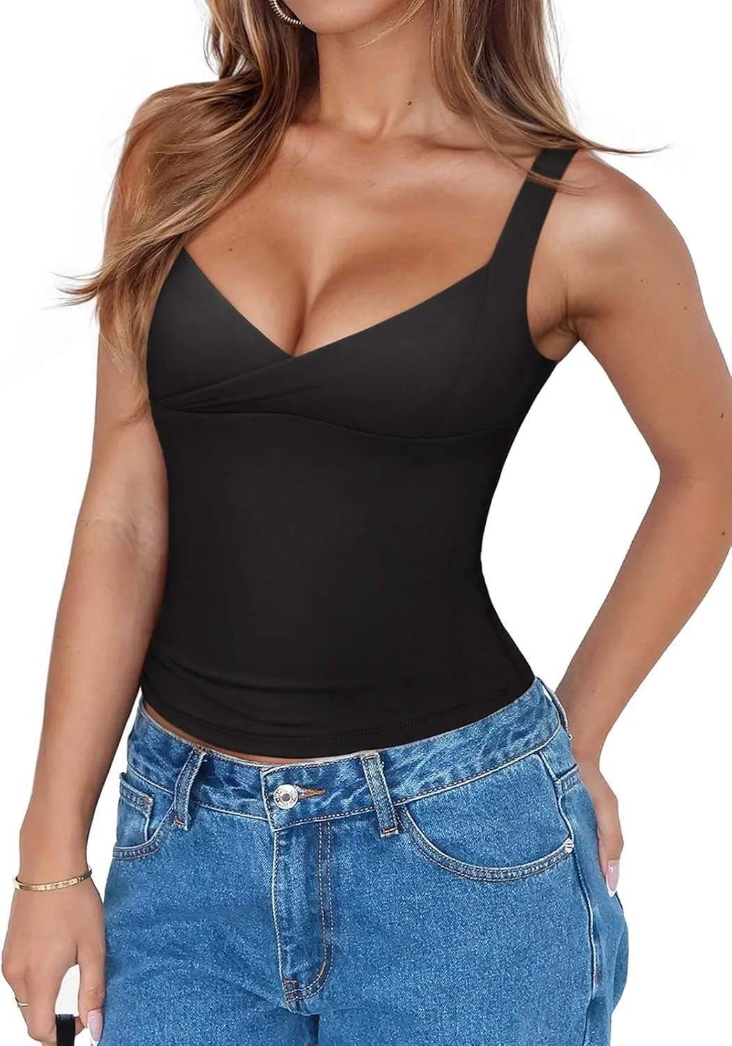 PINKMSTYLE Womens Wrap V Neck Spaghetti Strap Tank Tops Double Lined Tops for Going Out