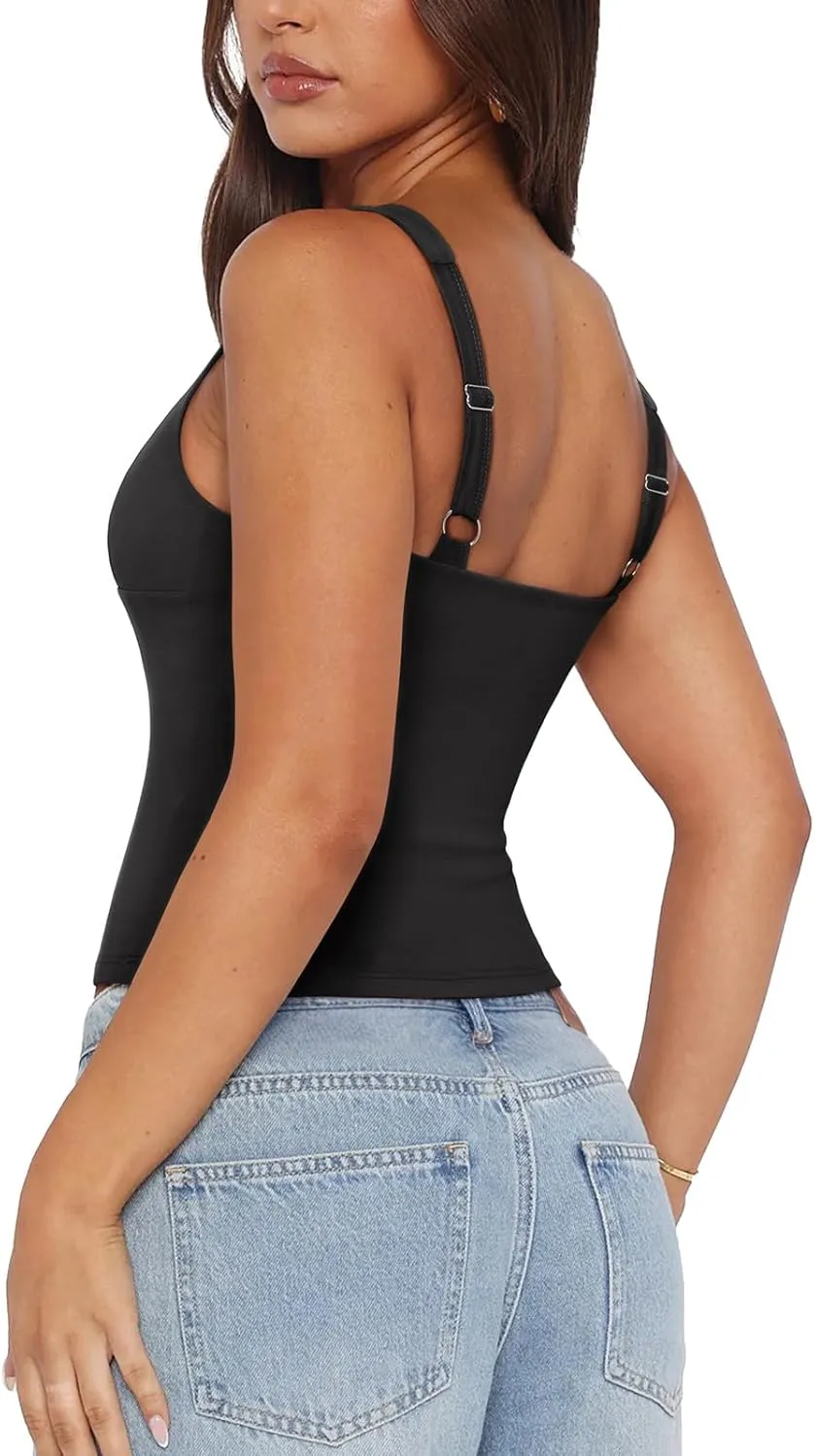 PINKMSTYLE Womens Wrap V Neck Spaghetti Strap Tank Tops Double Lined Tops for Going Out
