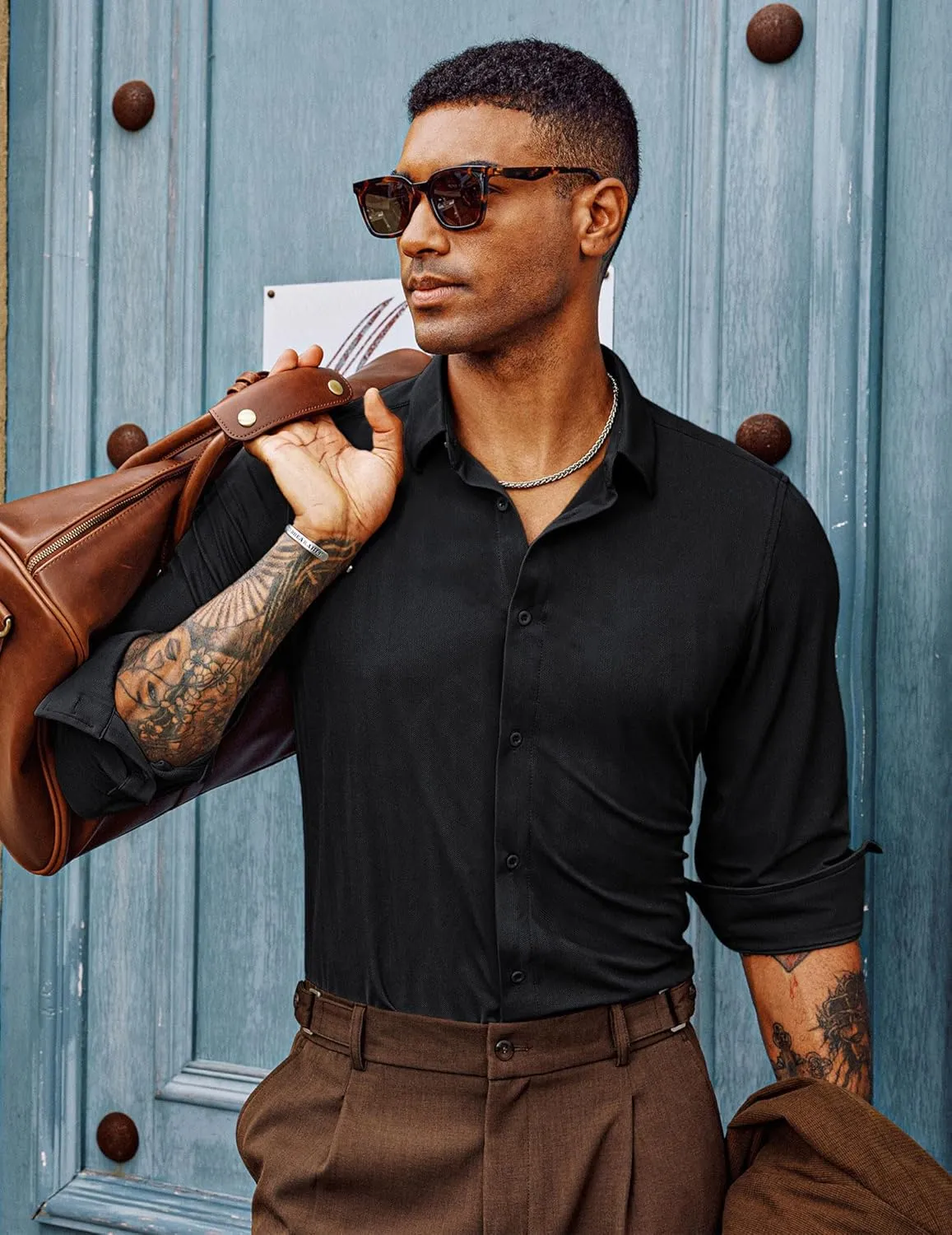 PJ PAUL JONES Men's Casual Stretch Shirts Wrinkle Free Herringbone Button Down Shirts Long Sleeve Dress Shirt