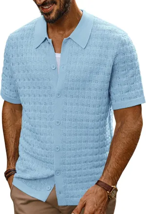 PJ PAUL JONES Men's Knit Shirts Short Sleeve Button Down Polo Shirt Fashion Casual Summer Beach Shirts